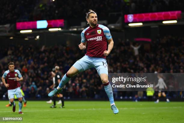 Jay Rodriguez of Burnley celebrates after scoring their team's second goal during the Premier League match between Burnley and Everton at Turf Moor...