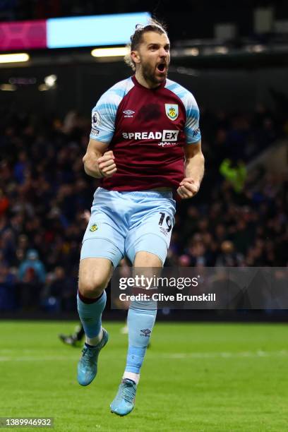 Jay Rodriguez of Burnley celebrates after scoring their team's second goal during the Premier League match between Burnley and Everton at Turf Moor...