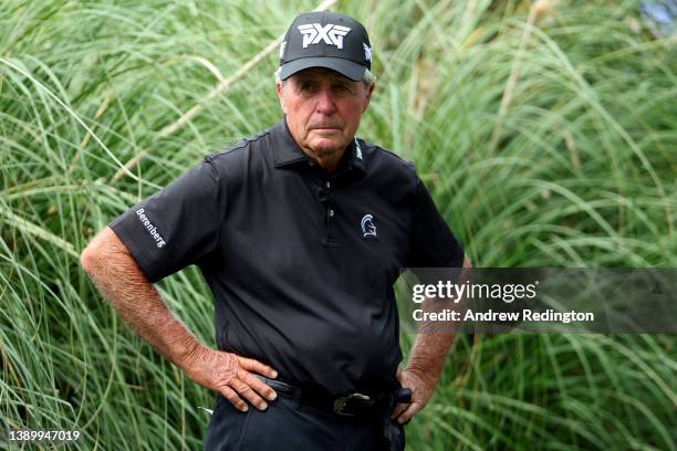 Gary Player of South Africa looks on during the Par Three Contest prior to the Masters at Augusta National Golf Club on April 06, 2022 in Augusta,...