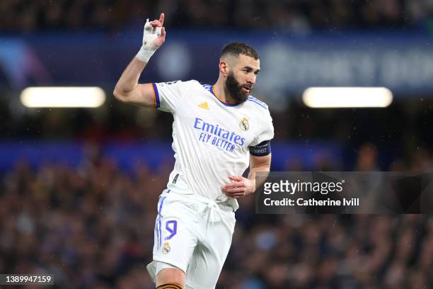 Karim Benzema of Real Madrid looks on during the UEFA Champions League Quarter Final Leg One match between Chelsea FC and Real Madrid at Stamford...