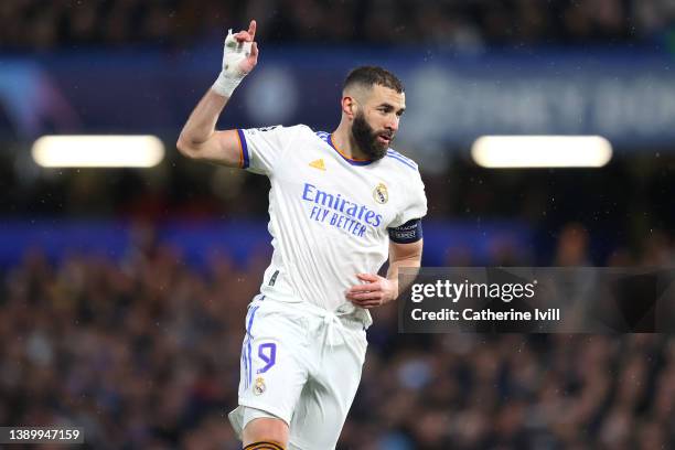 Karim Benzema of Real Madrid looks on during the UEFA Champions League Quarter Final Leg One match between Chelsea FC and Real Madrid at Stamford...