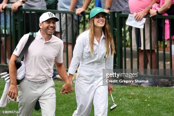 Sergio Garcia of Spain and wife Angela Garcia during the Par Three Contest prior to the Masters at Augusta National Golf Club on April 06, 2022 in...