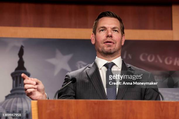 Rep. Eric Swalwell speaks alongside Sen. Jack Reed during a news conference on the introduction of their Protection from Abusive Passengers Act at...