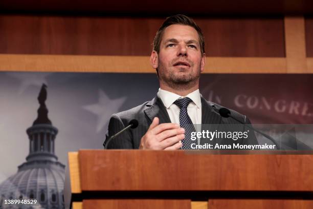 Rep. Eric Swalwell speaks alongside Sen. Jack Reed during a news conference on the introduction of their Protection from Abusive Passengers Act at...