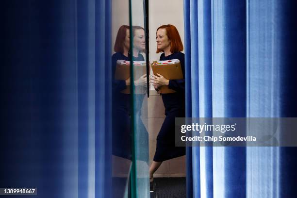 White House Press Secretary Jen Psaki arrives for the daily news conference in the Brady Press Briefing Room at the White House on April 06, 2022 in...