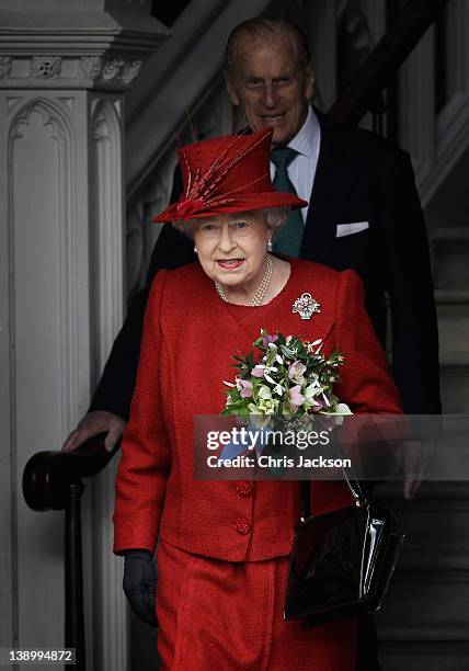 Prince Philip, Duke of Edinburgh and Queen Elizabeth II leave a multi-faith reception at Lambeth Palace on February 15, 2012 in London, England. The...