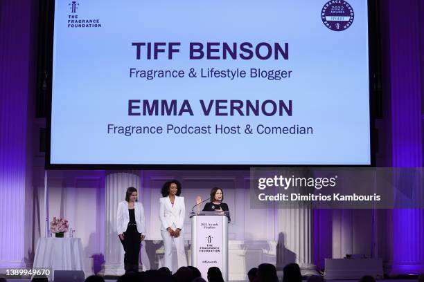 Emma Vernon, Tiff Benson and Linda G. Levy, President, TFF speak onstage during The Fragrance Foundation 2022 Awards Finalists Luncheon at 583 Park...