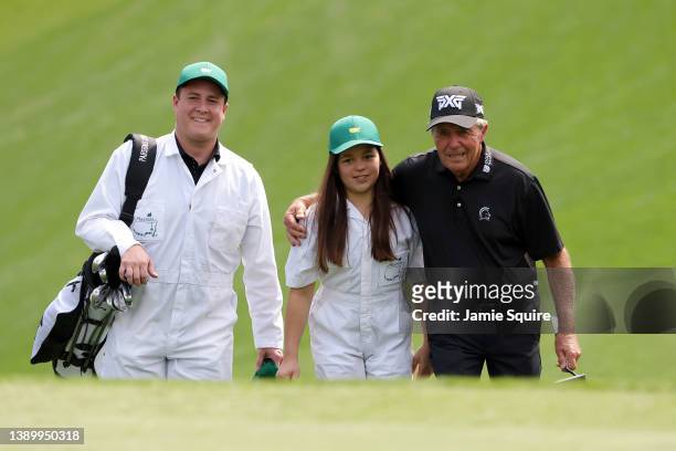 Gary Player of South Africa and participants during the Par Three Contest prior to the Masters at Augusta National Golf Club on April 06, 2022 in...