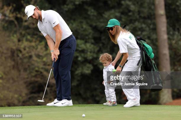 Thomas Pieters of Belgium and participants during the Par Three Contest prior to the Masters at Augusta National Golf Club on April 06, 2022 in...