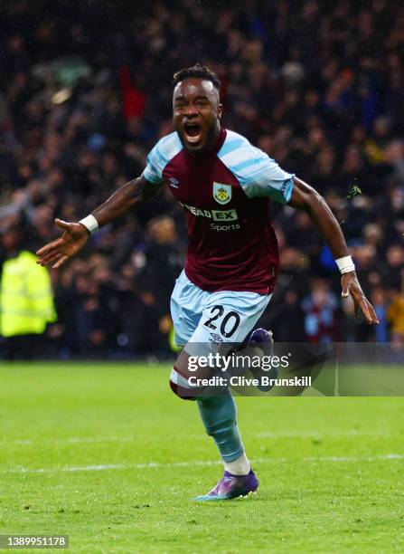 Maxwel Cornet of Burnley celebrates after scoring their team's third goal during the Premier League match between Burnley and Everton at Turf Moor on...