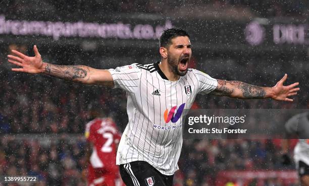 Fulham striker Aleksandar Mitrovic celebrates after scoring the first goal during the Sky Bet Championship match between Middlesbrough and Fulham at...