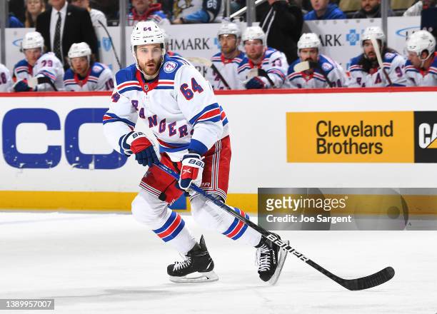 Tyler Motte of the New York Rangers skates against the Pittsburgh Penguins at PPG PAINTS Arena on March 29, 2022 in Pittsburgh, Pennsylvania.