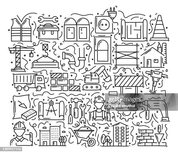 construction and buildings related objects and elements. hand drawn vector doodle illustration collection. hand drawn pattern design - bridge blueprint stock illustrations