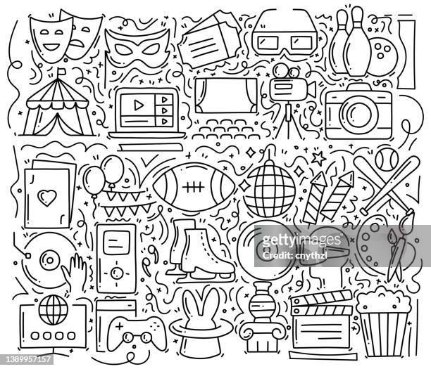 entertainment and hobbies related objects and elements. hand drawn vector doodle illustration collection. hand drawn pattern design - bowling party stock illustrations