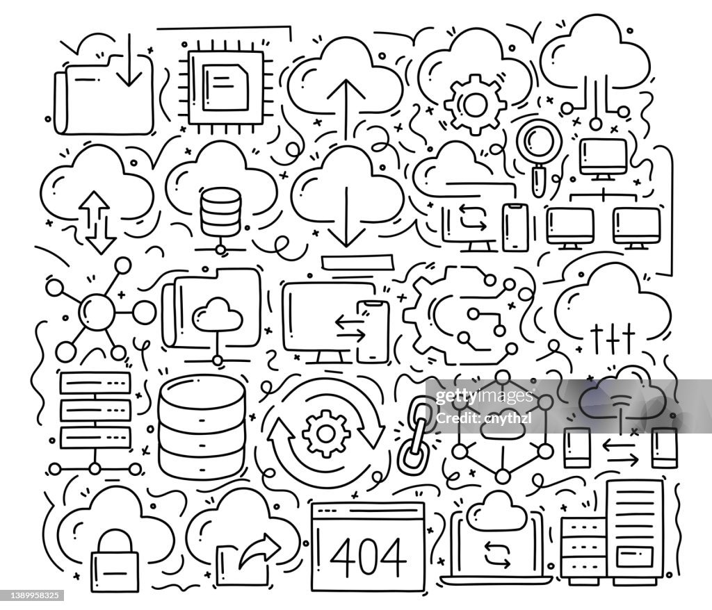Cloud Computing Related Objects And Elements Hand Drawn Vector Doodle ...