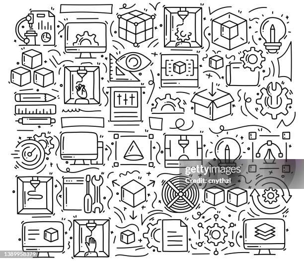 3d printing technology related objects and elements. hand drawn vector doodle illustration collection. hand drawn pattern design - 3 d printer stock illustrations