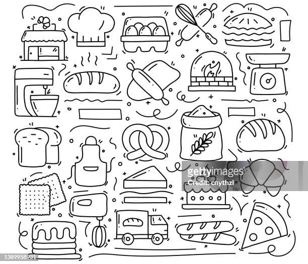 stockillustraties, clipart, cartoons en iconen met bakery related objects and elements. hand drawn vector doodle illustration collection. hand drawn pattern design - bakkerij
