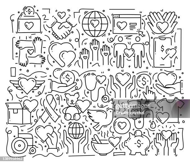 charity and donation related objects and elements. hand drawn vector doodle illustration collection. hand drawn pattern design - non profit organization stock illustrations