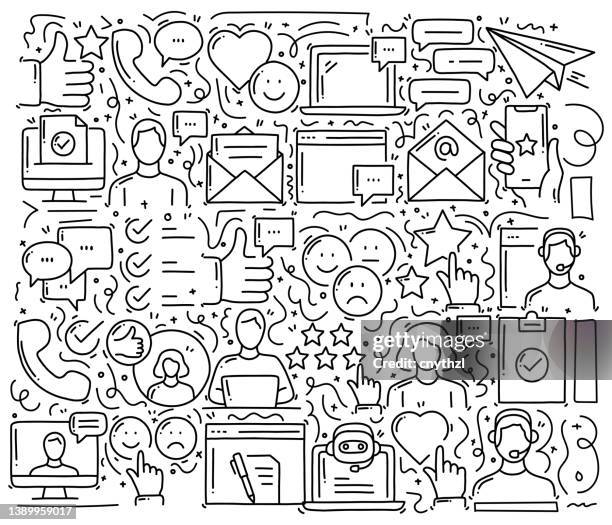 feedback and testimonials related objects and elements. hand drawn vector doodle illustration collection. hand drawn pattern design - business doodles stock illustrations