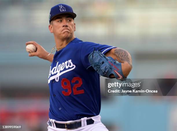 Bobby Miller of the Los Angeles Dodgers pitches in the preseason game against the Los Angeles Angels at Dodger Stadium on April 5, 2022 in Los...