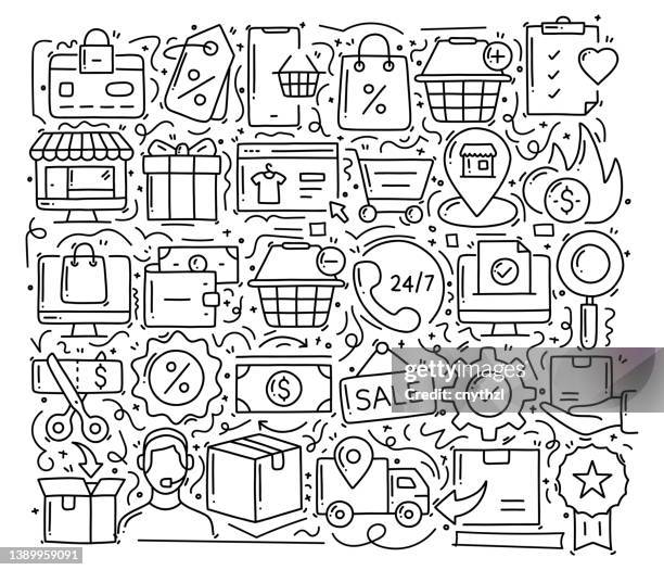 e-commerce related objects and elements. hand drawn vector doodle illustration collection. hand drawn pattern design - app store stock illustrations