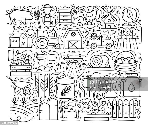 ilustraciones, imágenes clip art, dibujos animados e iconos de stock de objetos y elementos relacionados con la agricultura y la agricultura. colección de ilustraciones de garabatos vectoriales dibujados a mano. diseño de patrones dibujados a mano - agricultora