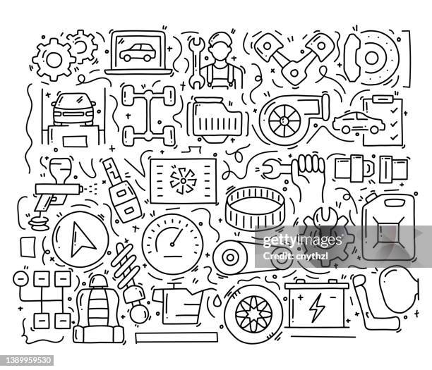 car service related objects and elements. hand drawn vector doodle illustration collection. hand drawn pattern design - electric engine stock illustrations