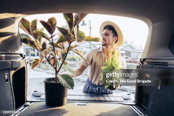 young man loading plants into back of car - car trunk fotografías e imágenes de stock