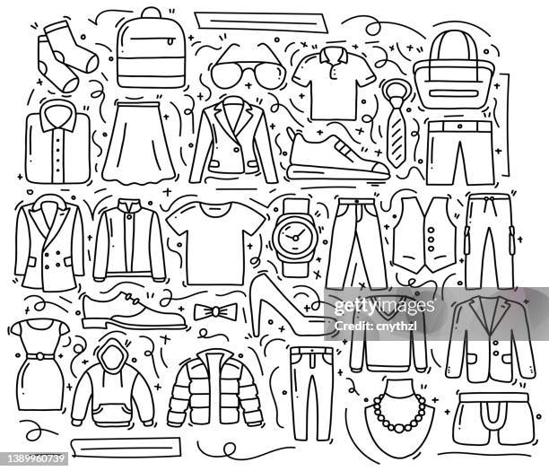 ilustraciones, imágenes clip art, dibujos animados e iconos de stock de ropa y accesorios relacionados objetos y elementos. colección de ilustraciones de garabatos vectoriales dibujados a mano. diseño de patrones dibujados a mano - colección de la moda