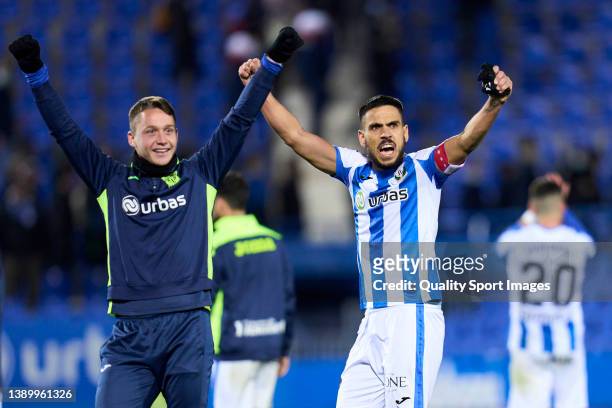 Recio of CD Leganes players celebrat victory after the game during the LaLiga Smartbank match between CD Leganes and Fuenlabrada at Estadio Municipal...