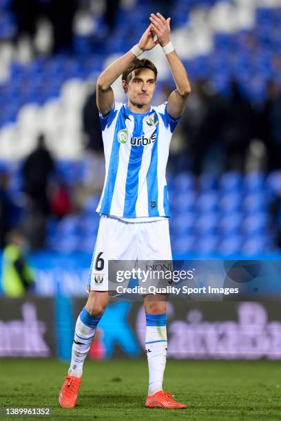 Sergio Gonzalez of CD Leganes players celebrates victory after the game during the LaLiga Smartbank match between CD Leganes and Fuenlabrada at...