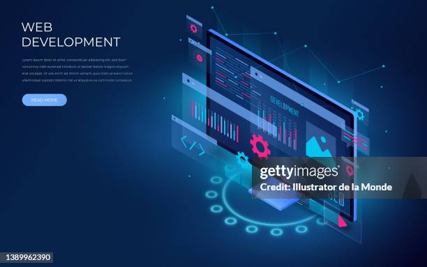 isometrisches design der webentwicklung - webdesign stock-grafiken, -clipart, -cartoons und -symbole