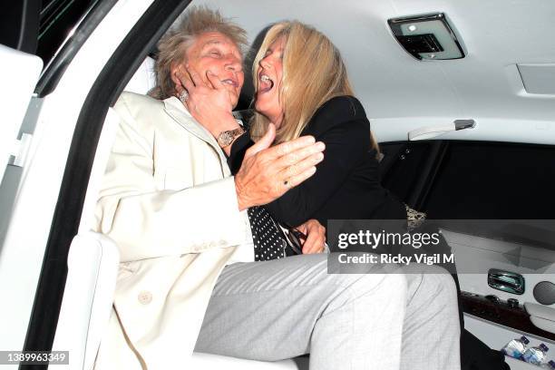 Rod Stewart and Penny Lancaster are seen leaving Oswald’s in Mayfair on April 06, 2022 in London, England.