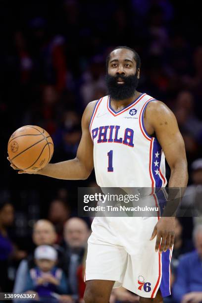 James Harden of the Philadelphia 76ers dribbles against the Charlotte Hornets at Wells Fargo Center on April 02, 2022 in Philadelphia, Pennsylvania....