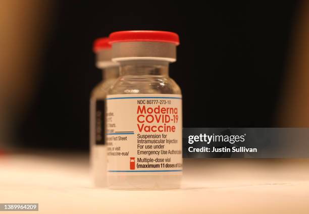 Vials of Moderna COVID-19 vaccine sit on a table at a COVID-19 vaccination clinic on April 06, 2022 in San Rafael, California. The U.S. Food and Drug...