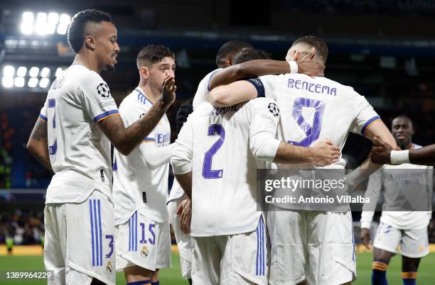 Real Madrid squad celebrates during the UEFA Champions League Quarter Final Leg One match between Chelsea FC and Real Madrid at Stamford Bridge on...