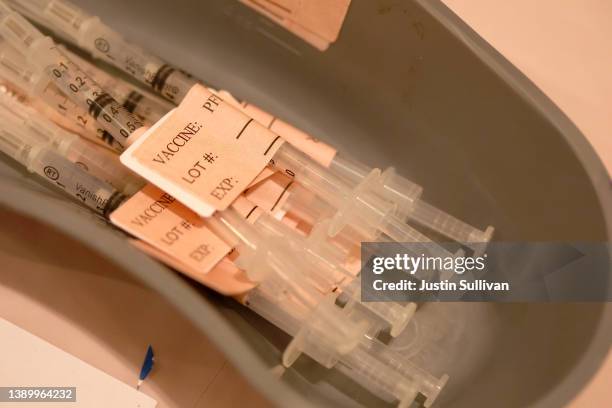 Syringes filled with COVID-19 vaccine sit on a table at a COVID-19 vaccination clinic on April 06, 2022 in San Rafael, California. The U.S. Food and...