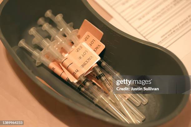 Syringes filled with COVID-19 vaccine sit on a table at a COVID-19 vaccination clinic on April 06, 2022 in San Rafael, California. The U.S. Food and...
