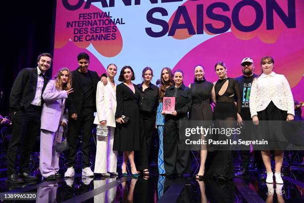 Cast of the serie "Skam France" pose after receiving the Konbini Commitment Award during the closing ceremony during the 5th Canneseries Festival on...