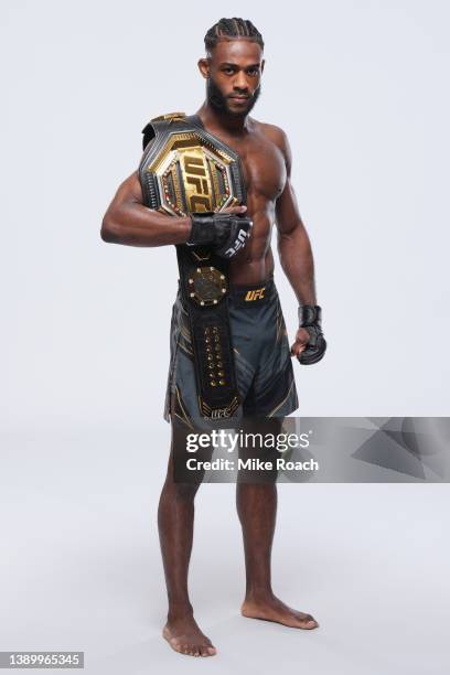 Aljamain Sterling poses for a portrait during a UFC photo session on April 6, 2022 in Jacksonville, Florida.
