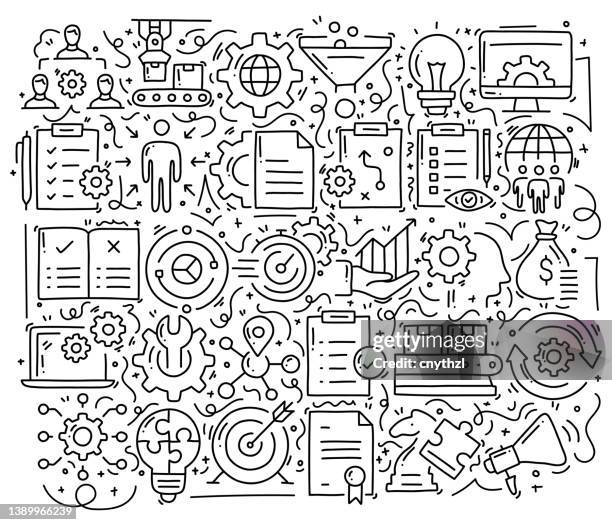 product management related objects and elements. hand drawn vector doodle illustration collection. hand drawn pattern design - warehouse manager stock illustrations