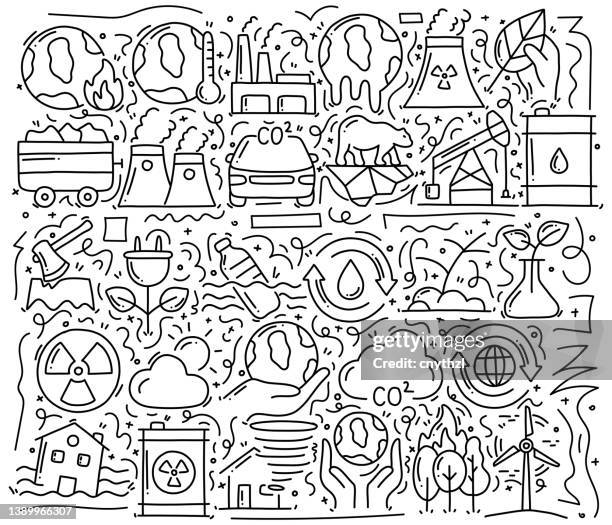 global warming related objects and elements. hand drawn vector doodle illustration collection. hand drawn pattern design - creative-recycle-symbol-drawing stock illustrations