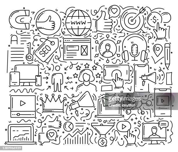 inbound marketing related objects and elements. hand drawn vector doodle illustration collection. hand drawn pattern design - generation z icons stock illustrations