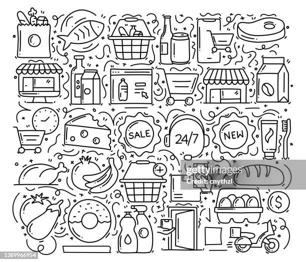 ilustrações de stock, clip art, desenhos animados e ícones de internet grocery related objects and elements. hand drawn vector doodle illustration collection. hand drawn pattern design - supermercado