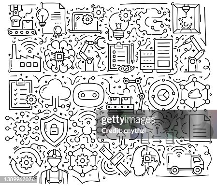 Industry 4.0 Related Objects and Elements. Hand Drawn Vector Doodle Illustration Collection. Hand Drawn Pattern Design Industry 4.0 Related Objects and Elements. Hand Drawn Vector Doodle Illustration Collection. Hand Drawn Pattern Design
