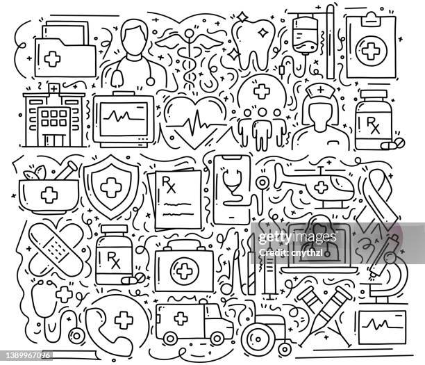 healthcare and medical related objects and elements. hand drawn vector doodle illustration collection. hand drawn pattern design - basic life support stock illustrations