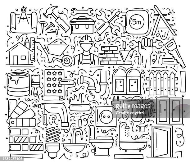 home renovation and repair related objects and elements. hand drawn vector doodle illustration collection. hand drawn pattern design - service design stock illustrations