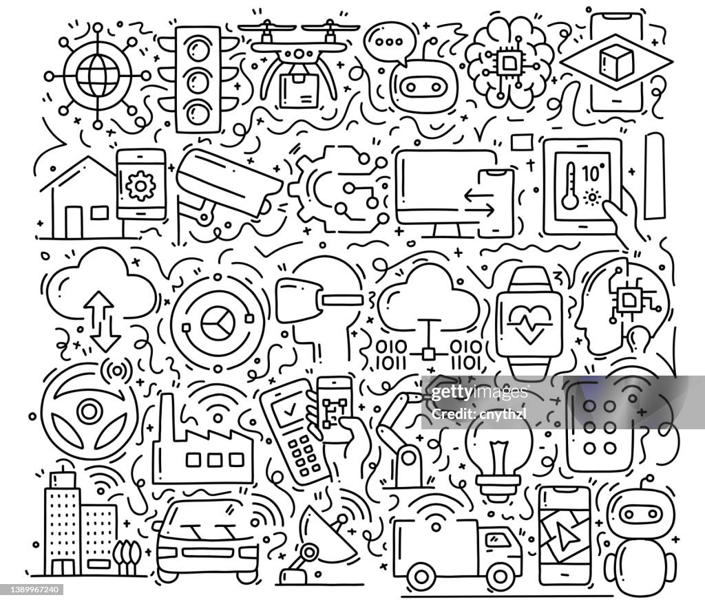 Objetos y elementos relacionados con Internet de las cosas. Colección de ilustraciones de garabatos vectoriales dibujados a mano. Diseño de patrones dibujados a mano