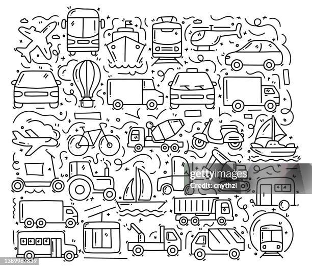 transportation related objects and elements. hand drawn vector doodle illustration collection. hand drawn pattern design - truck drawing stock illustrations