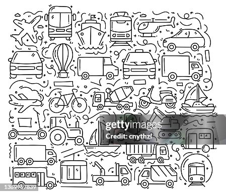 Transportation Related Objects and Elements. Hand Drawn Vector Doodle Illustration Collection. Hand Drawn Pattern Design Transportation Related Objects and Elements. Hand Drawn Vector Doodle Illustration Collection. Hand Drawn Pattern Design